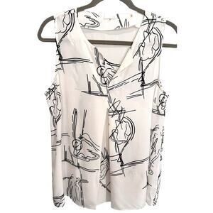 Ecru Sleeveless Silk Blouse White Black Graphic Nude Silhouettes Sz M READ
